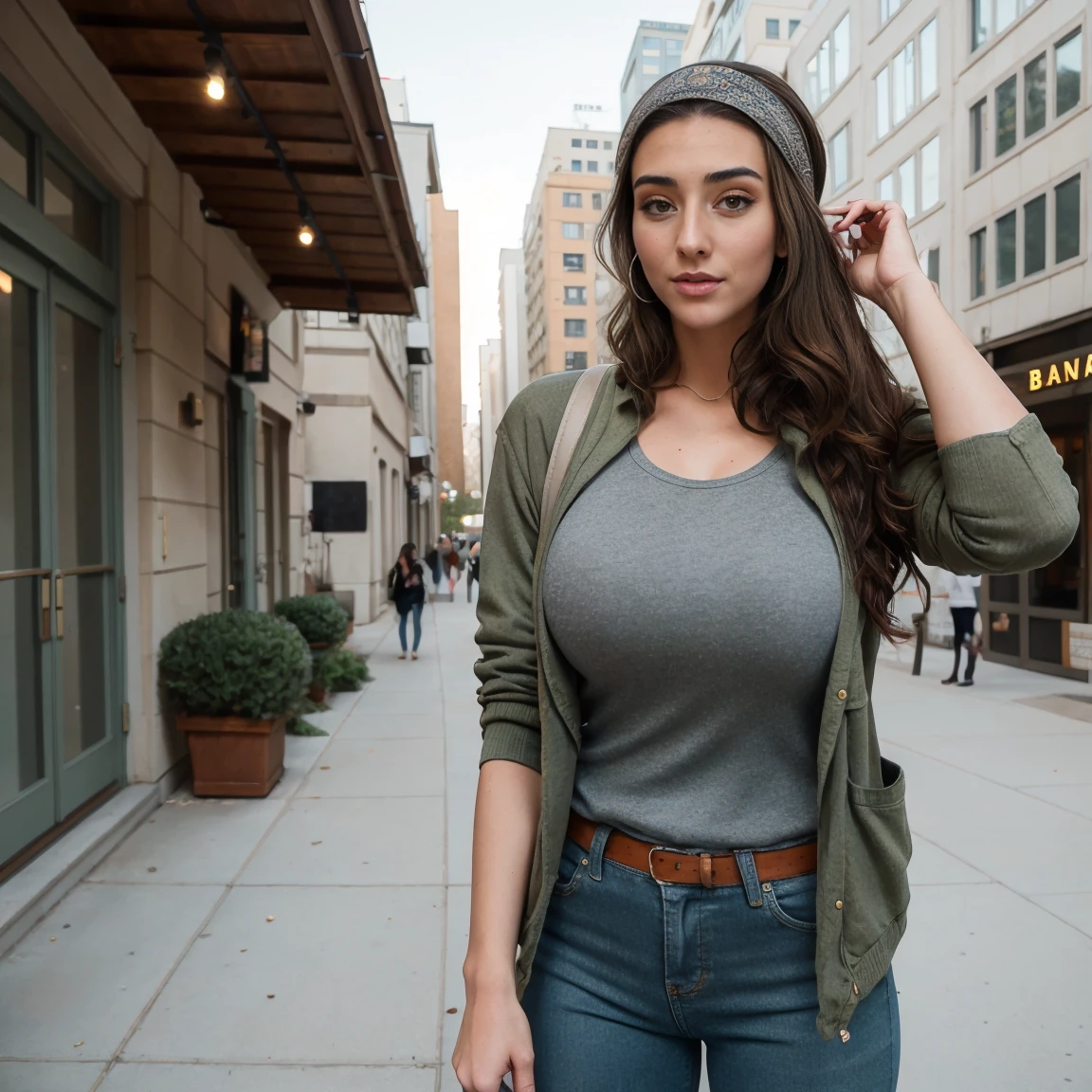Extremely busty thin and toned brunette photographer, college girl, fair skin, loose single side sweep, soft face, athletic, bandana babushka headwrap, tight olive green casual windbreaker, skinny jeans. standing in front of her apartment building, outdoors, city, camera bag, cleavage 