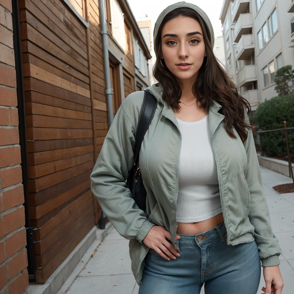 Extremely busty thin and toned brunette photographer, college girl, fair skin, loose single side sweep, soft face, athletic, bandana babushka headwrap, tight olive green casual windbreaker, skinny jeans. standing in front of her apartment building, outdoors, city, camera bag, cleavage