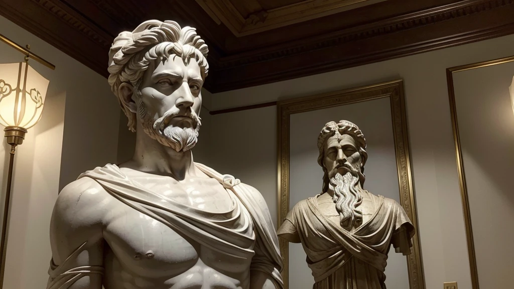 The atmosphere is thick with tension and drama. The fate of humanity hangs in the balance in this epic battle, and the stoic statue observes everything with an imperturbable calm, as a symbol of the inner strength and wisdom that can overcome even the most arduous challenges.
It could be from a famous stoic philosopher, as Zeno of Scythia, Seneca or Marcus Aurelius.
The statue may be adorned with stoic symbols, like the lamp, the compass or the caduceus.