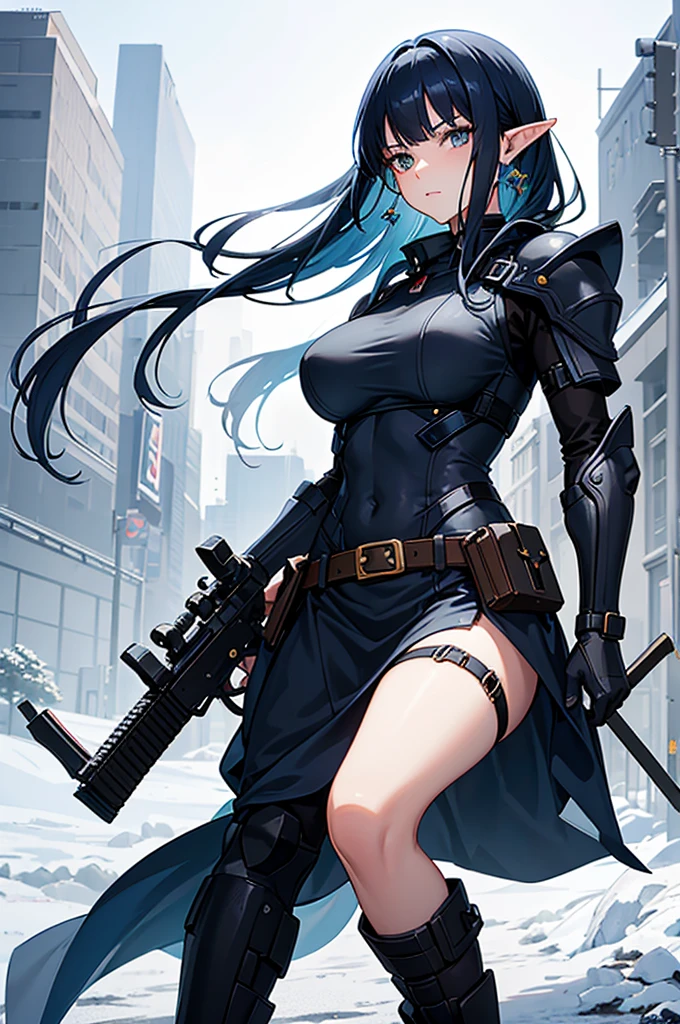 Create a high-quality image featuring an elf girl with dark navy-blue hair and straight-cut bangs. She is a member of a special forces police unit. She has a large red earring on her right ear and is holding an assault rifle. The background should feature a city inside a dome, with a black armored vehicle beside her. 