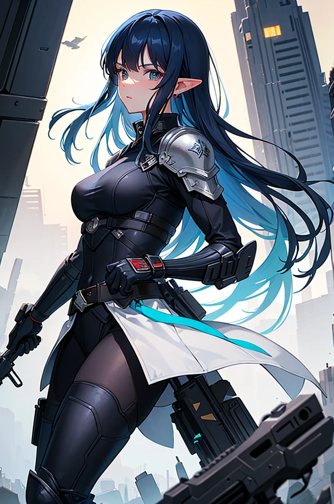 Create a high-quality image featuring an elf girl with dark navy-blue hair and straight-cut bangs. She is a member of a special forces police unit. She has a large red earring on her right ear and is holding an assault rifle. The background should feature a city inside a dome, with a black armored vehicle beside her.