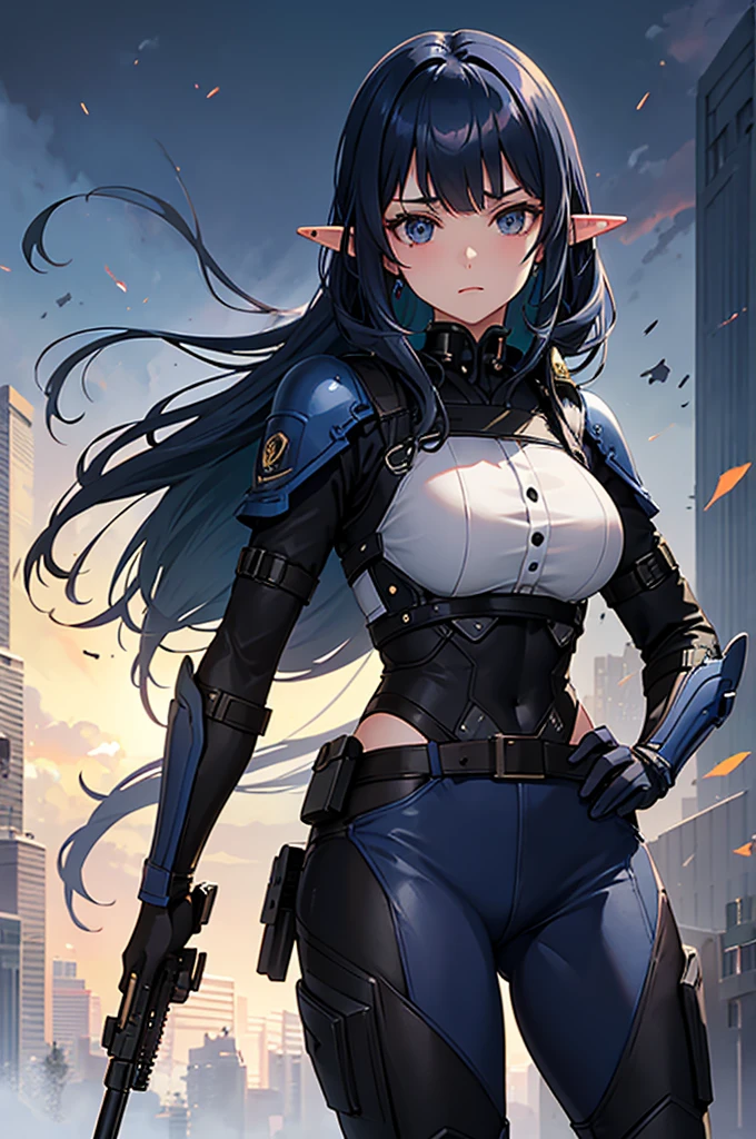 Long dark iridescent hair, iridescent eyes, small waist large thighs, black tights,military outfit, Women