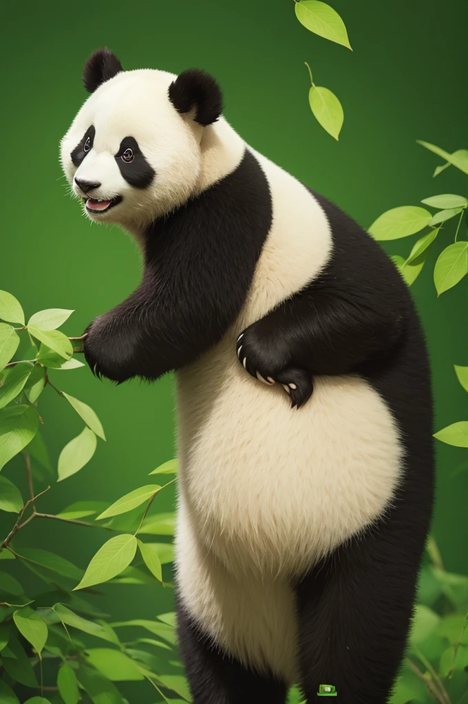Panda smiling, green background with leaves