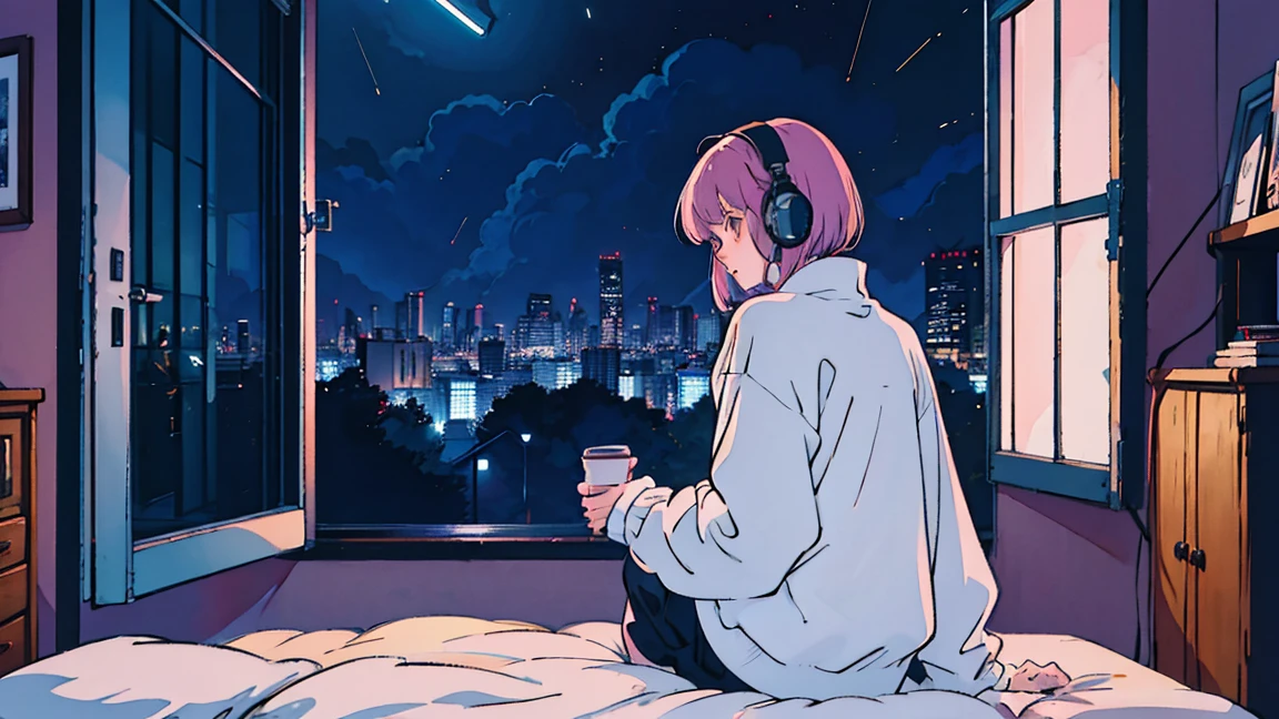Lofi Song, Sitting on the bed. Looking out the window, Drink coffee. Listening to music through headphones, Looking out the window and seeing the rain falling(From behind), Anime girl sitting in front of a computer in a cozy bedroom, Girl listening to music in a cozy room (night), Use headphones, On the roof, (beautiful night views from windows), Lots of things, 2D Anime Style, The aesthetics of anime in the 90s, Lo-Fi, Very detailed, hard disk, A mix of anime style and Fujifilm, Surreal, 8K, masterpiece