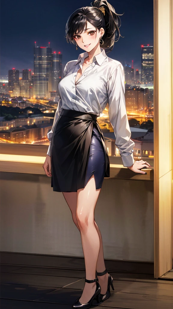 (masterpiece:1.3, Highest quality, Ultra-high resolution, Very detailed), (Realistic, photoRealistic:1.4), Beautiful illustrations, Perfect lighting, colorful, Written boundary depth, whole body、
Beautiful detailsまでこだわった髪, Beautifully detailed face, Beautiful details, Beautiful clavicle, Beautiful body, 美しいLarge Breasts, Beautiful thighs, Beautiful legs, Beautiful fingers, 
Show Viewer, beauty1人, Japanese, beauty、30 years old, Perfect Face, (Perfect Anatomy, Anatomically correct), Cute and symmetrical face, , , Shiny skin, 
((Collared shirt:1.4)), ((long wrap skirt:1.3))、((pumps:1.3))、
(Black Hair, ponytail:1.4),  Dark brown eyes, Droopy eyes、Large Breasts, The body is slim, 
necklace, (Small earrings:1.3), 
(Beautiful views), (night), (city, cityscape in the distance), Are standing, 優しいsmile、(smile, Lips parted), 