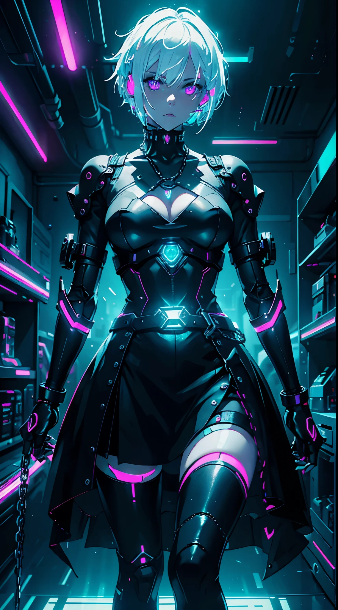 Android Girl,white hair,short and messy hair, purple neon eyes, Holding a chain whip,chains on the hands, cute, skirt, white blouse, cyberpunk style, eletronic gloves, mecanic parts, eletronic details,living room background.HD lighting and dark )(epic image quality) dark atmosphere with bright particle light(many effects in background), fullbody shot, robot, neon tweaks, cyberpunk theme