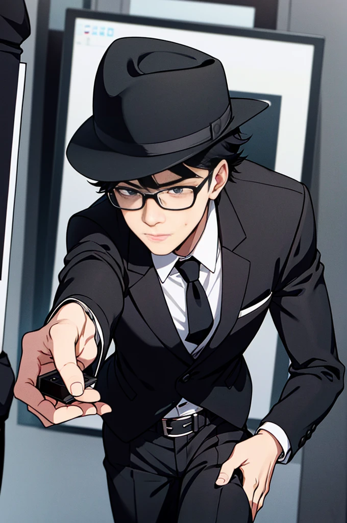 Young man, black shorts hair, eyes gray, glasses, black Fedora hat, black suit, black pants, pocket clock, strong