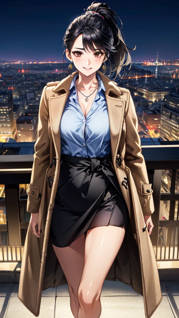 (masterpiece:1.3, Highest quality, Ultra-high resolution, Very detailed), (Realistic, photoRealistic:1.4), Beautiful illustrations, Perfect lighting, colorful, Written boundary depth, whole body、
Beautiful detailsまでこだわった髪, Beautifully detailed face, Beautiful details, Beautiful clavicle, Beautiful body, 美しいLarge Breasts, Beautiful thighs, Beautiful legs, Beautiful fingers,
Show Viewer, beauty1人, Japanese, beauty、30 years old, Perfect Face, (Perfect Anatomy, Anatomically correct), Cute and symmetrical face, Baby Face, , Shiny skin,
((coat:1.4)),((Collared shirt:1.4)), ((long wrap skirt:1.3))、((pumps:1.3))、
(Black Hair, ponytail:1.4), Dark brown eyes, Droopy eyes、Large Breasts, Slim body,
necklace, (Small earrings:0.5),
(Beautiful views), (night), (city, cityscape in the distance), Are standing, 優しいsmile、(smile, Lips parted),