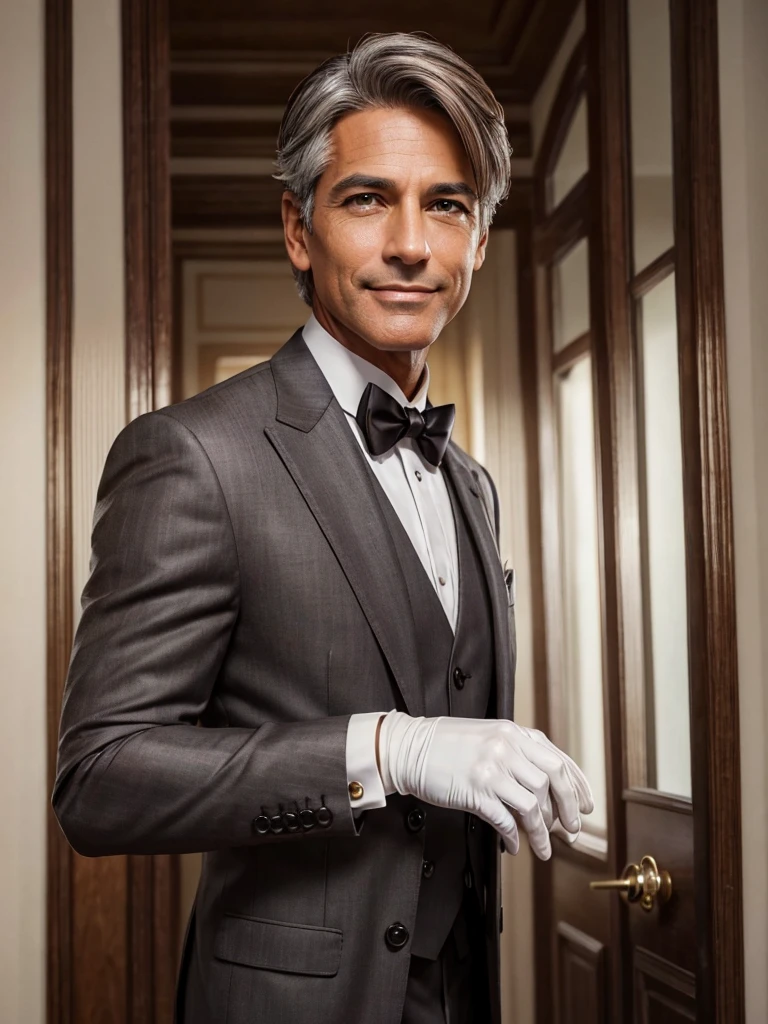 (best quality), 1boy, Male, mature male, 50 years old, tanned skin, brown hair, grey streaks, short hair, brown eyes, perfect eyes, polite smile, handsome, butler, strong jawline, suit, white gloves, masterpiece, anatomically correct, highres
