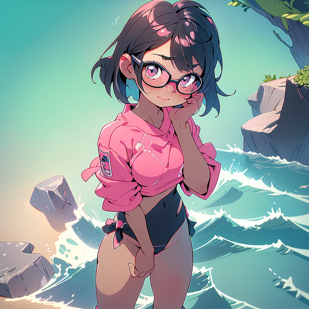 Bob-cut girl in pink bikini swimsuit with glasses, clutching breasts with both hands, looking up, black hair, winking, seaside, pastel colors, 8k, ribbon
