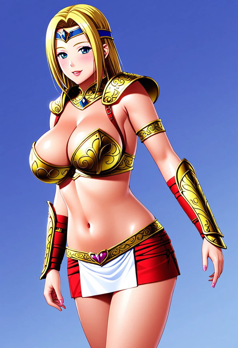 a sexy woman in a pink and white gold lotus lace armor skirt, epic and exquisite character art, beautiful armor, 极其详细的Artgerm, detailed anime digital art, girl in armor, cleavage big breasts:1.2, (mini-skirt:1,5)