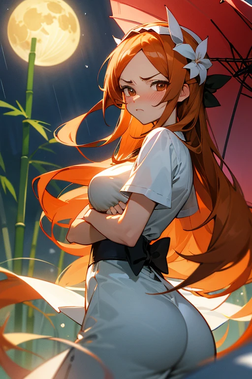 anime style, super fine illustration, super detailed, ,masterpiece,best quality,beautiful background,8K, On a summer night during Tanabata,rain,Bamboo leaf,Beautiful Moon,Break perfect face,perfect hands,perfect fingers,(brasched face:1.3),Orihime,Blushing,Tsundere,looking at the camera,Cross your arms,angry face,ass pov,Orange Hair