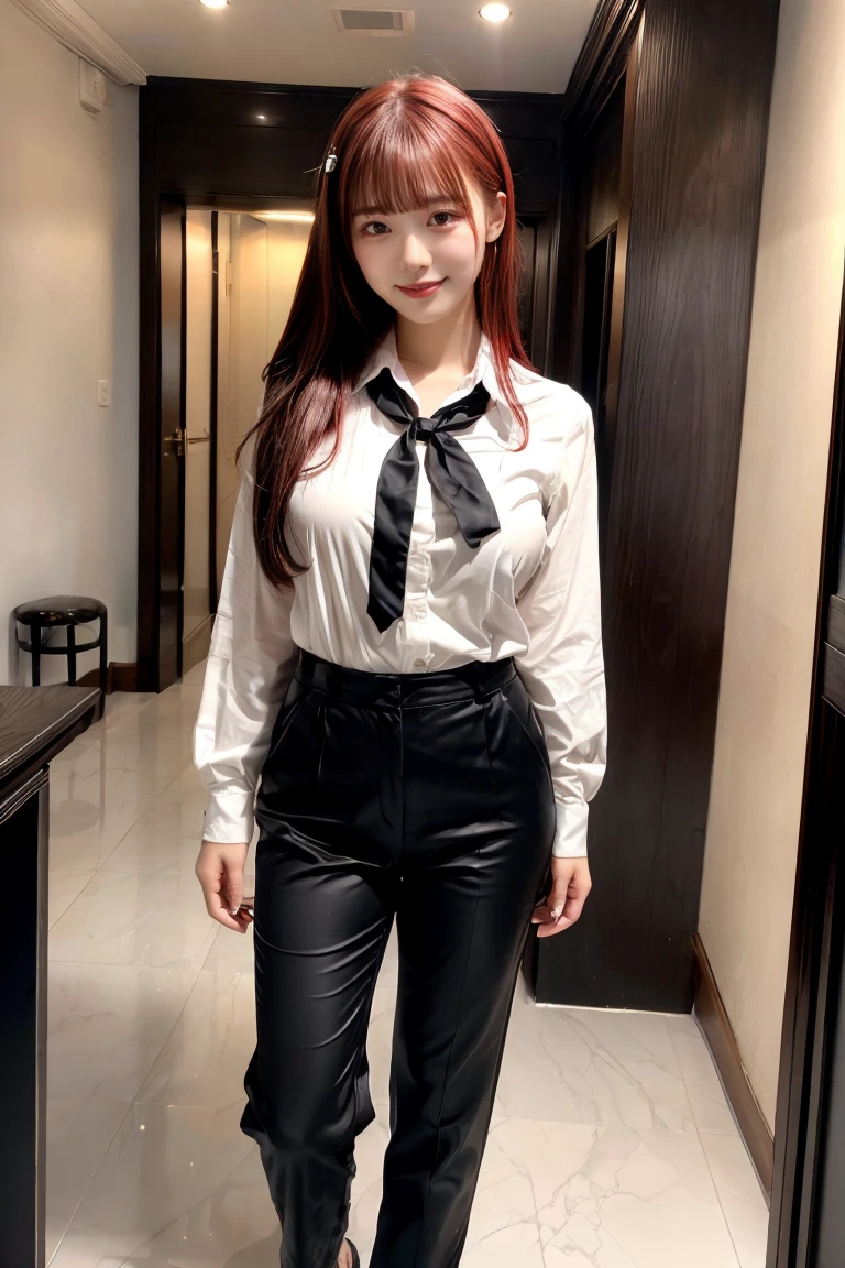 Highest quality、Ultra-high resolution、Professional Lighting、Detailed Background、hotel room、full body,Kobeni-chan、A sloppy smile、25-year-old woman、beautiful girl、(Kobeni-chan、Jet black hair, Black Hair, bangs, One-sided hair,)、(Red Hair Clip:1.1)、(White shirt:1.2)+(Black tie:1.2)+(black long pants for work:1.2)、(Huge breasts that look like they might burst:1.2)、(Big thighs:1.1)、Are standing、Model pose