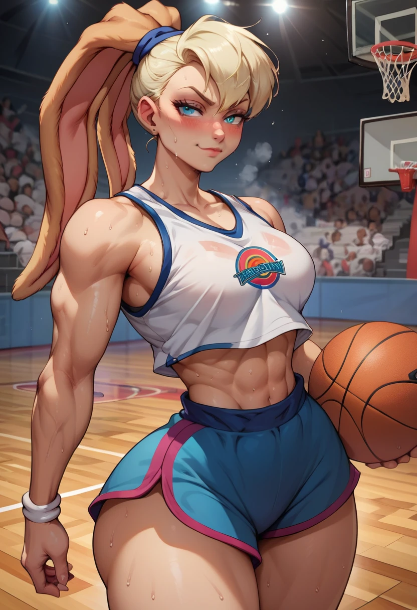on a basketball court, tugging at clothes, seductive smirk, medium breasts, wide hips, big ass, Lola Bunny,standing, blushing,sweating, muscular arms