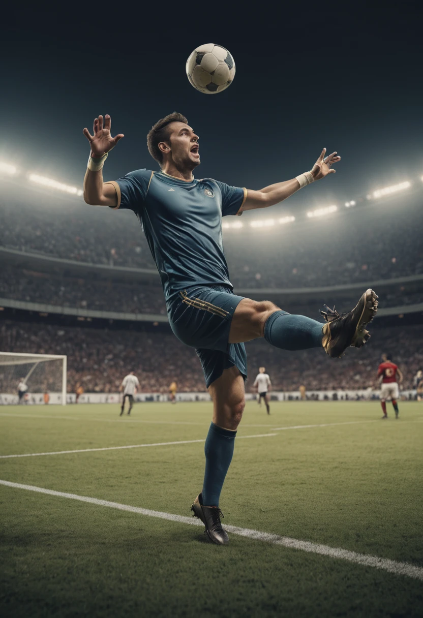 (Athlete), On the football field, the football player takes a shot from inside the penalty area, and the ball quickly flies towards the goal. The background is the anxious goalkeeper and excited audience, full body, (Photography), panoramic view, award-winning, cinematic still, emotional, vignette, dynamic, vivid, (masterpiece, best quality, Professional, perfect composition, very aesthetic, absurdres, ultra-detailed, intricate details:1.3)