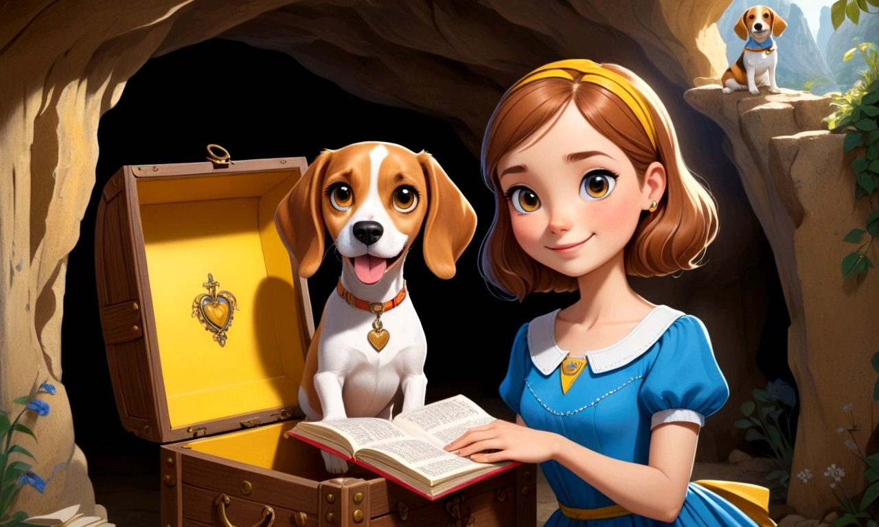 Show her in a blue dress inside a cave opening a wooden chest with eyes shining with happiness she looks inside the chest. Inside the chest there is a diary with yellow pages. She holds the diary in her hands, next to her is her beagle friend.