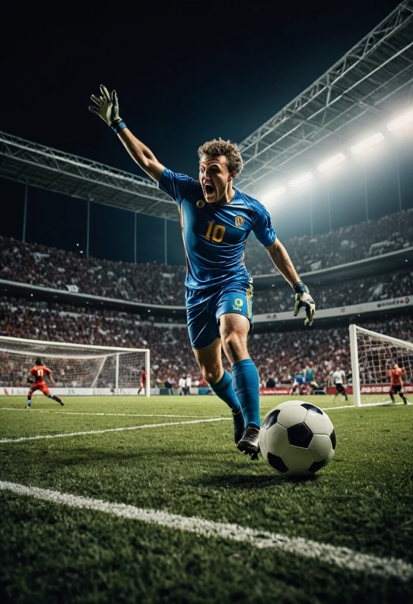 (Athlete), On the football field, the football player takes a shot from inside the penalty area, and the ball quickly flies towards the goal. The background is the anxious goalkeeper and excited audience, full body, (Photography), panoramic view, award-winning, cinematic still, emotional, vignette, dynamic, vivid, (masterpiece, best quality, Professional, perfect composition, very aesthetic, absurdres, ultra-detailed, intricate details:1.3)