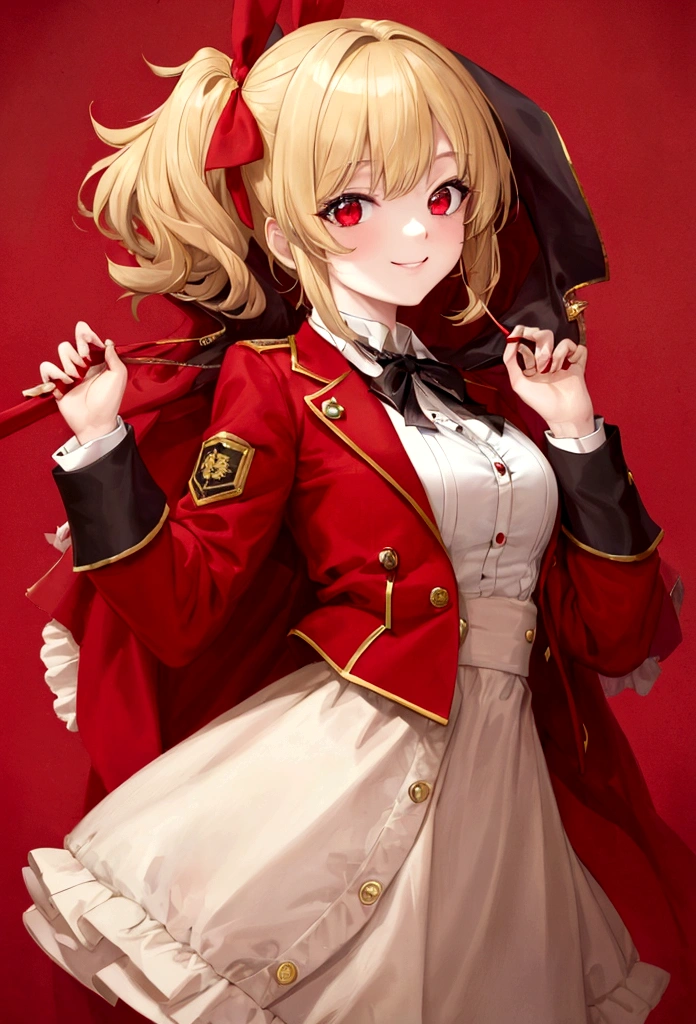 High quality, best quality, Masterpiece, nonsense, red_jacket, ribbon, red_eyes, Blonde_hair, short_hair, hair_ribbon, smile, 1 girl, torn clothes, piece of cloth,