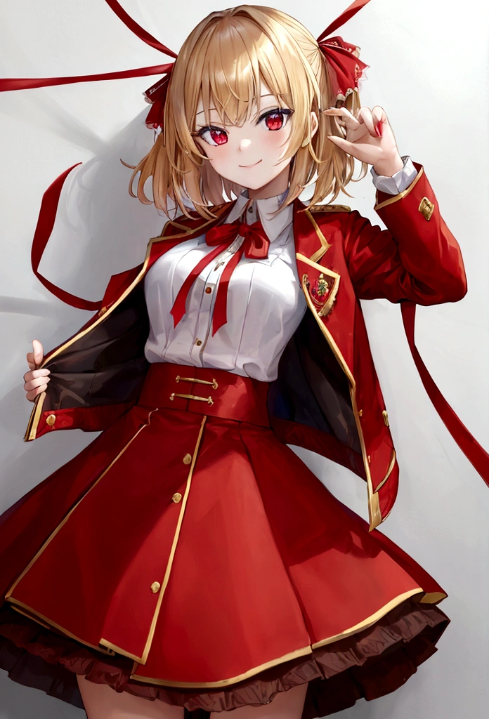 High quality, best quality, Masterpiece, nonsense, red_jacket, ribbon, red_eyes, Blonde_hair, short_hair, hair_ribbon, smile, 1 girl, torn clothes, piece of cloth,  