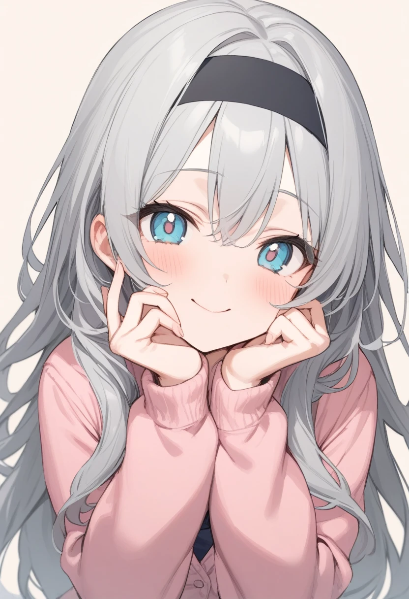 Simple Background,masterpiece,Highest quality,female,smile,Wavy long hair,Gray Hair,Cute eyes,水色のCute eyes,Pink Cardigan、Black headband、A peace sign near your cheek