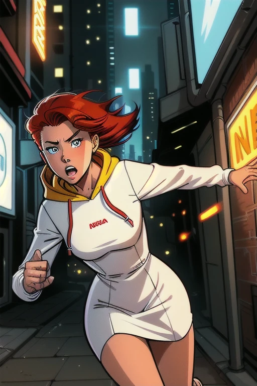 Close-up image of 2 subjects, 1 girl with red hair, wearing a long-sleeved white dress with a hood, (running towards the camera), (woman looks scared), afraid, running for her life, running away from man wearing armor, being grabbed by man, down a dirty city alley, futuristic city in (natta:1.4), blue and yellow neon signs, chase scene, action scene, thick outlines, comic-book style, dynamic camera angle, realisic skin, realistic hands, perfect hands, lines of action, motion blur background