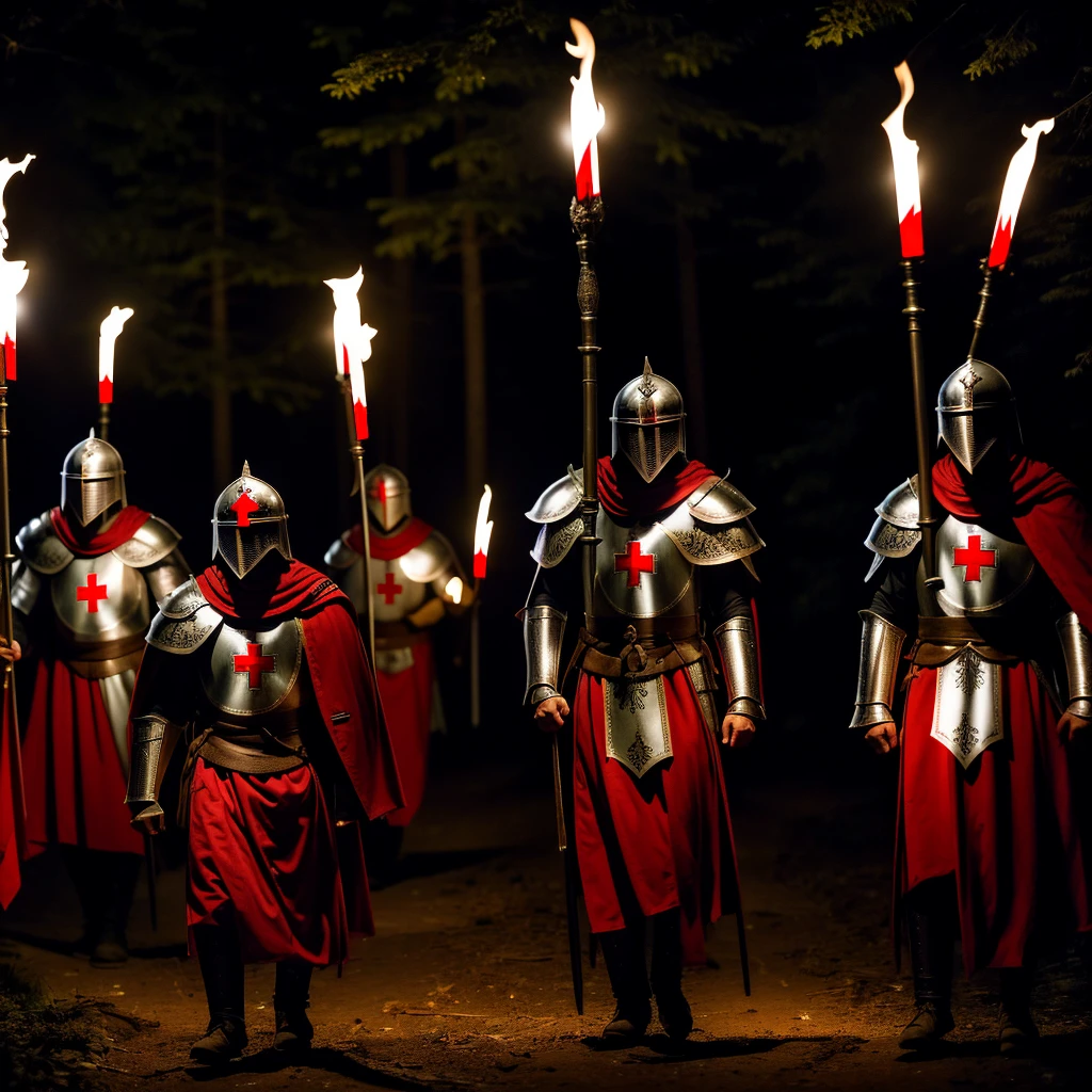 10 Templar Knights with steel armor and a logo on the chest in the shape of a white and red cross located in the forest at night servants of Jesus, 2 carrying flags announcing the arrival of the Lord the remaining 8 carrying torches lighting in the darkness