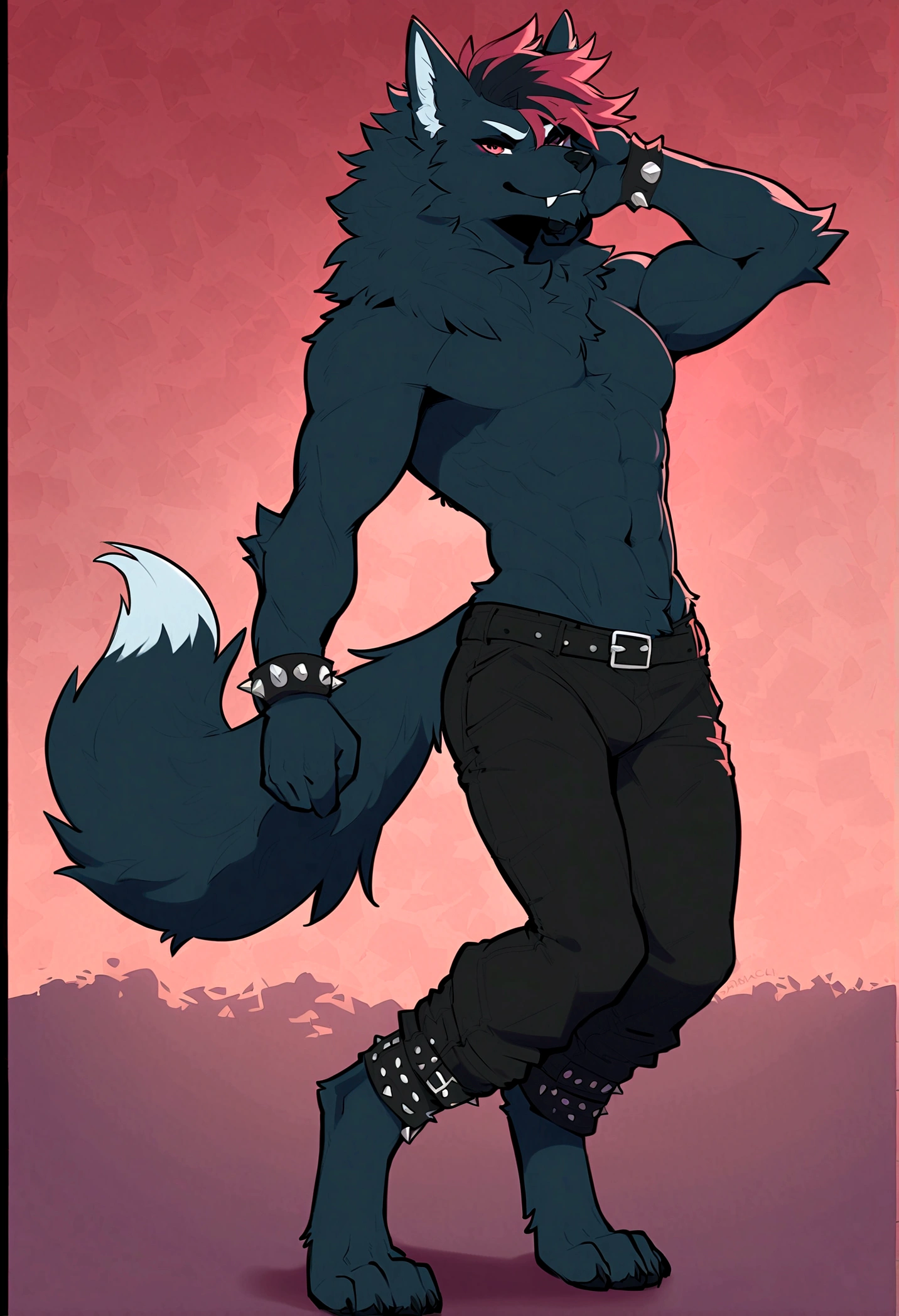 Top quality, best quality, by dabaicai, High quality illustrations, masterpiece)(kemono, furry anthro), round, male, werewolf, black fur body, slim body, fur, fluff, Hips wide, fluffy tail, punk hair, muscular, strong, paws, posing, finger gun on head, finger on head, leaning, looking to viewer