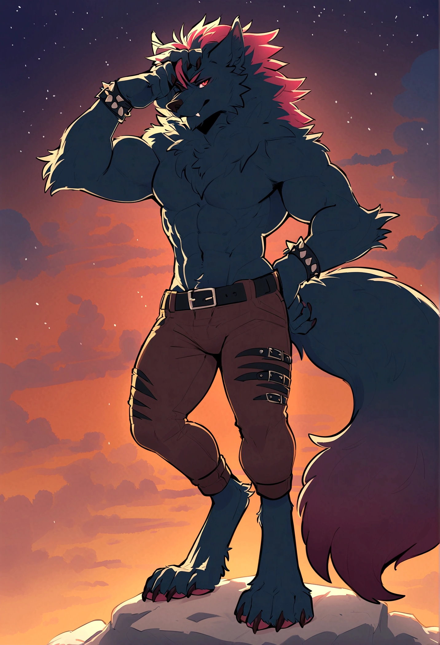 Top quality, best quality, by dabaicai, High quality illustrations, masterpiece)(kemono, furry anthro), round, male, werewolf, black fur body, slim body, fur, fluff, Hips wide, fluffy tail, punk hair, muscular, strong, paws, posing, finger gun on head, finger on head, leaning, looking to viewer