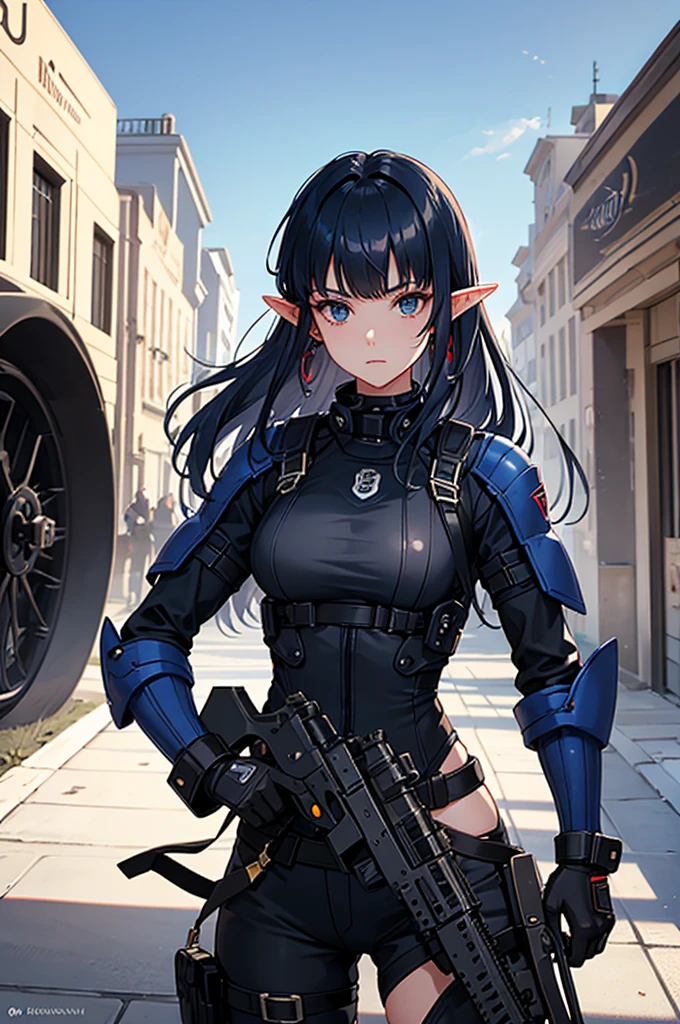 Create a high-quality image featuring an elf girl with dark navy-blue hair and straight-cut bangs. She is a member of a special forces police unit. She has a large red earring on her right ear and is holding an assault rifle. The background should feature a city inside a dome, with a black armored vehicle beside her.
