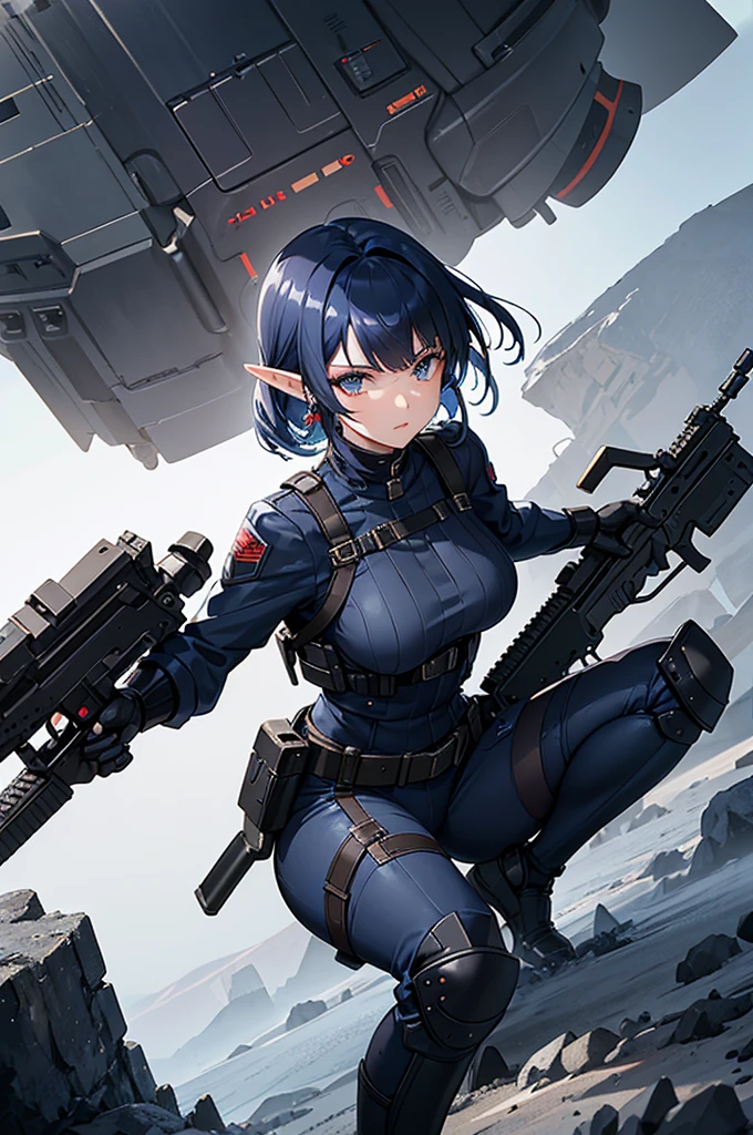 Create a high-quality image featuring an elf girl with dark navy-blue hair and straight-cut bangs. She is a member of a special forces police unit. She has a large red earring on her right ear and is holding an assault rifle. The background should feature a city inside a dome, with a black armored vehicle beside her. 