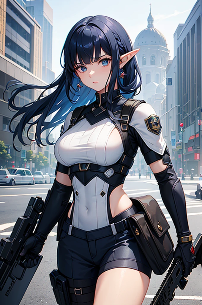 Create a high-quality image featuring an elf girl with dark navy-blue hair and straight-cut bangs. She is a member of a special forces police unit. She has a large red earring on her right ear and is holding an assault rifle. The background should feature a city inside a dome, with a black armored vehicle beside her.