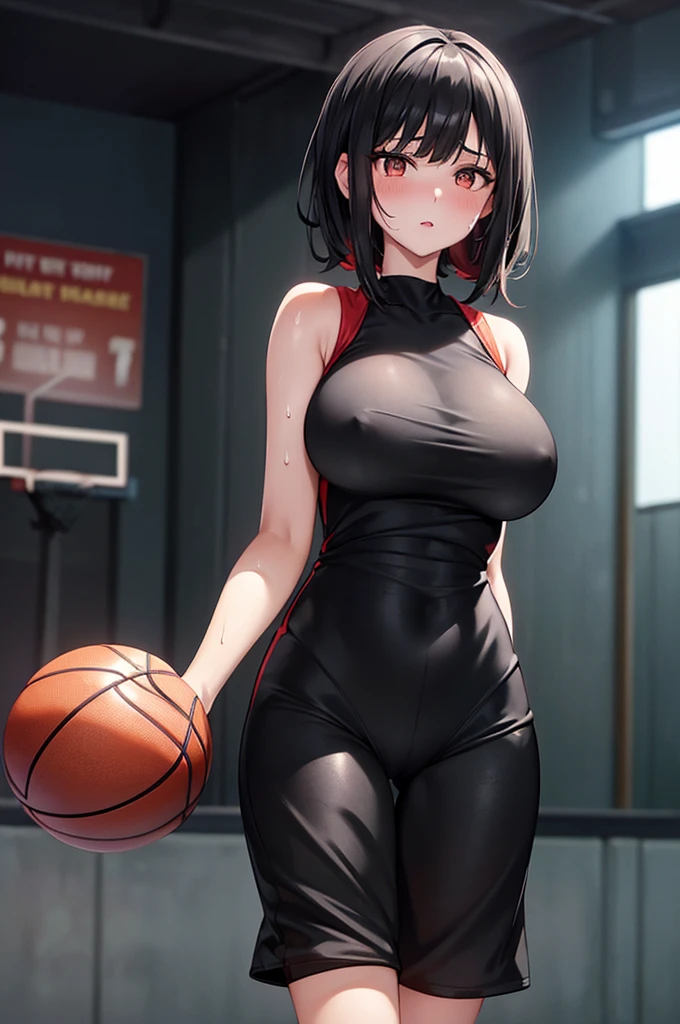 work of art: 1.2, best qualityer), realisitic, (Actual image, rich details details, Depth of field), (1 girl, standing alone), make up, cleft lip, Cao Cao detalhe, perfect face shape, (breasts big: 1.4), (cutaneous dentition), thick-thighs, Wide buttocks, Waist slender, Cao Cao, coral, Red lips, Eyes red, hypdertailed, (((((basketball girl, transparent black basketball suit)))), (sweat: 1.2), (humida), sensuous, blushful, sweaty