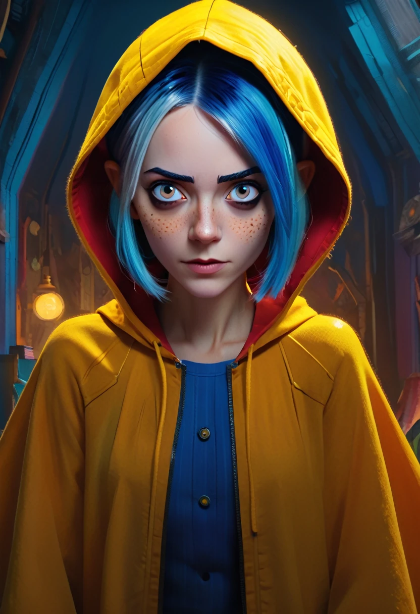 (Masterpiece artwork, 8K, uhd, high resolution: 1.4), dynamic portrait of Coraline in Spider-Verse style, (stylized and vibrant features: 1.3), (short blue hair and big expressive eyes: 1.2), (wearing an iconic yellow cape: 1.2), (adventurous and confident pose: 1.3), (comic animation elements, with hand-drawn textures and shadows: 1.2), (background with surreal and colorful scenes, like the portal and the alternative world: 1.1), (Magical and mysterious atmosphere: 1.3), Intricate, vibrant details, (fantasy and adventure elements: 1.2), (dynamic and captivating perspective: 1.3)