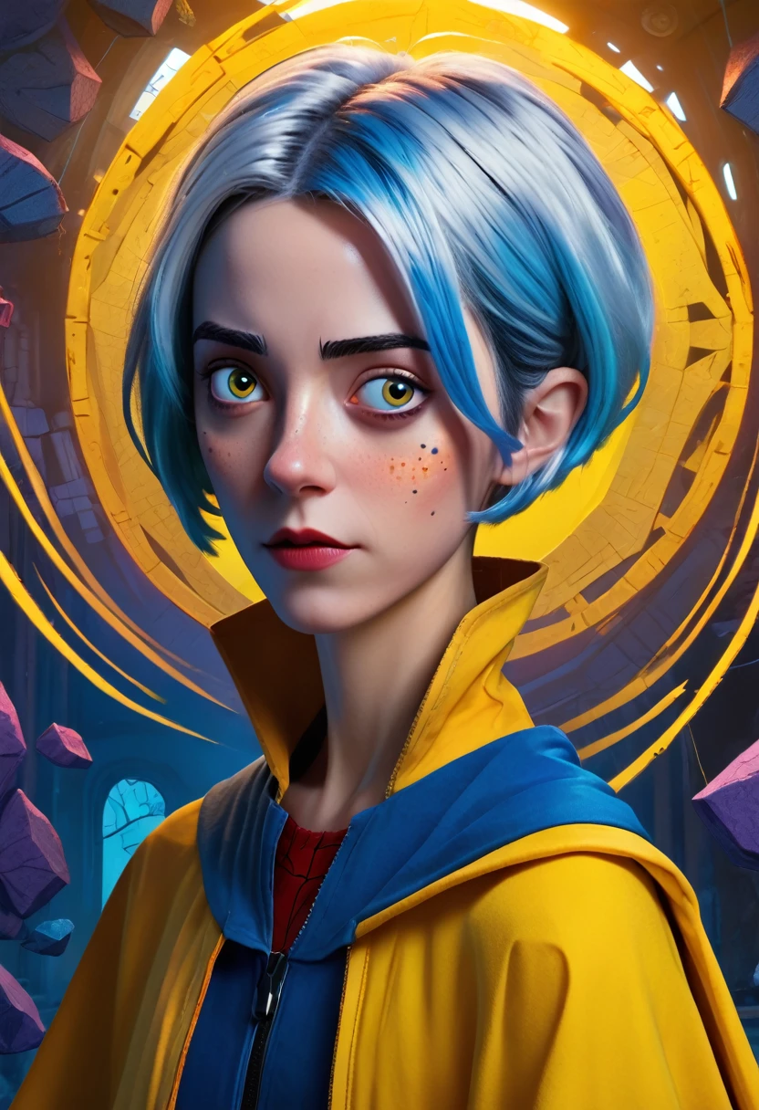 (Masterpiece artwork, 8K, uhd, high resolution: 1.4), dynamic portrait of Coraline in Spider-Verse style, (stylized and vibrant features: 1.3), (short blue hair and big expressive eyes: 1.2), (wearing an iconic yellow cape: 1.2), (adventurous and confident pose: 1.3), (comic animation elements, with hand-drawn textures and shadows: 1.2), (background with surreal and colorful scenes, like the portal and the alternative world: 1.1), (Magical and mysterious atmosphere: 1.3), Intricate, vibrant details, (fantasy and adventure elements: 1.2), (dynamic and captivating perspective: 1.3)