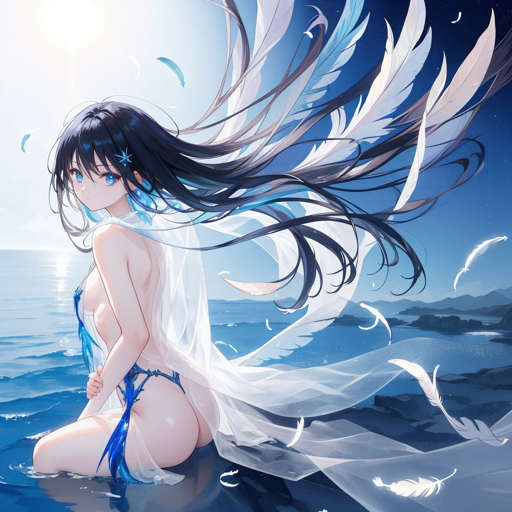 ((A long shot)) of a black haired anime girl, (sitting near a (river), ((strong sunlight)), cinematic light, slim body, skin is perfectly healthy, soft, and smooth, Extremely delicate and beautiful CG illustration, best quality, high resolution, dynamic angle, full-length lens, (1 girl), floating, soft light, high-key lighting), glowing light, blue halo, feathers fluttering background, blue crystal, ((very cinematic)), ((half naked))