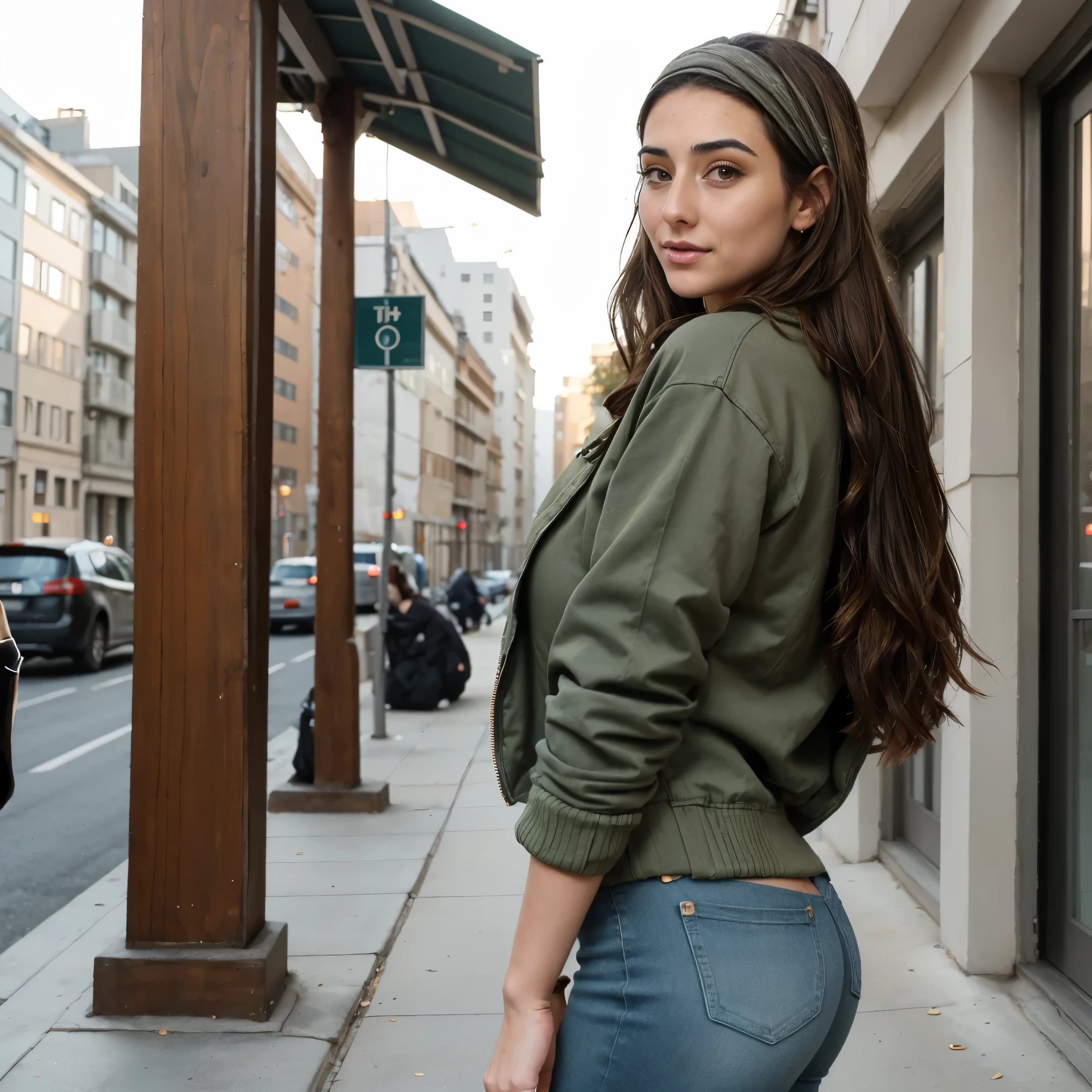 Extremely busty thin and toned brunette photographer, college girl, fair skin, loose single side sweep, soft face, athletic, bandana babushka headwrap, tight olive green casual windbreaker, skinny jeans. standing in front of her apartment building, outdoors, city, camera bag, cleavage