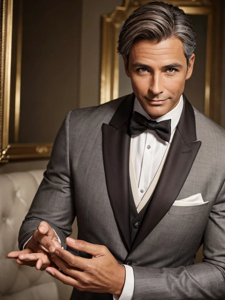 (best quality), 1boy, Male, mature male, 40 years old, tanned skin, brown hair, grey streaks, short hair, brown eyes, perfect eyes, polite smile, handsome, butler, strong jawline, suit, white gloves, masterpiece, anatomically correct, highres
