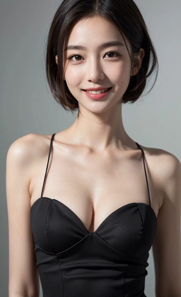 (masterpiece:1.3), (8K, Photorealistic, Original Photography, Top image quality: 1.4), Japanese female high school students、(Feel free to hairstyle:1.2)、Cleavage:1.2、Super detail face、Eye for detail、Double eyelids、Hold your head high and your chest high、Sharp focus:1.2、pretty Woman:1.4、Light brown hair、Top quality、masterpiece、Ultra-high resolution、(Photorealistic:1.4)、Highly detailed and professional lighting smile、Shoulder abduction、slim、Serious facial expression、short hair、Fatal position