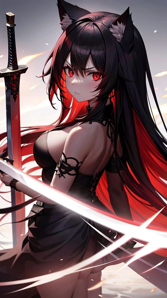 An adult woman, half wolf, black and red ears, ears down, red eyes, black and red hair, wide breasts, white dress, very angry, holding a sword