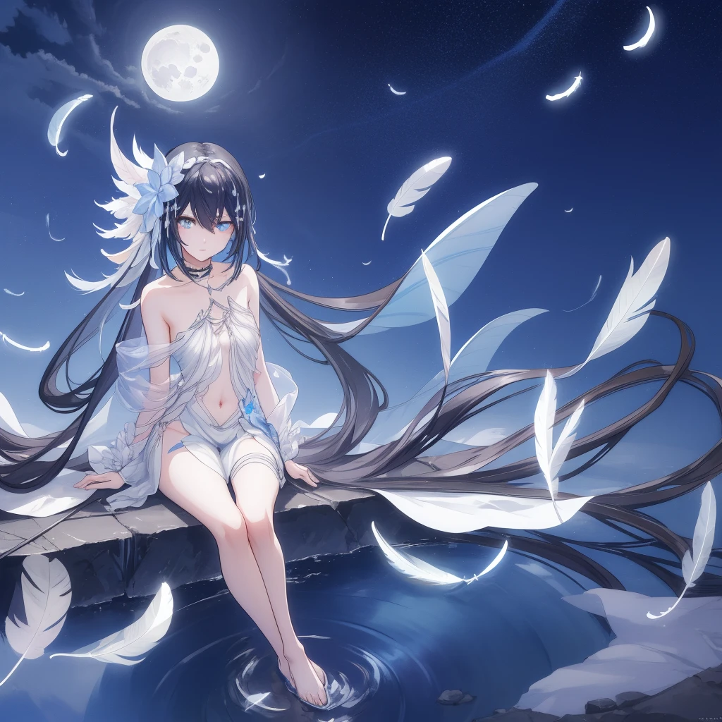 ((A long shot)) of a black-haired anime  girl, (sitting near a river), ((strong moonlight)), cinematic light, slim body, skin is perfectly healthy, soft, and smooth, Extremely delicate and beautiful CG illustration, best quality, high resolution, dynamic angle, full-length lens, (1 girl), floating, (soft light, high-key lighting), glowing light, blue halo, feathers fluttering background, blue crystal, ((very cinematic)), ((half naked))