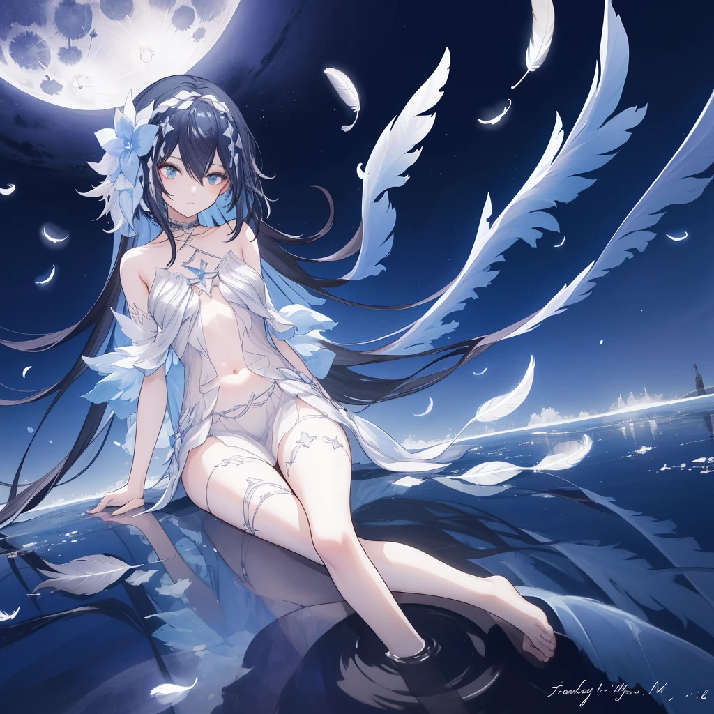 ((A long shot)) of a black-haired anime girl, (sitting near a river), ((strong moonlight)), cinematic light, slim body, skin is perfectly healthy, soft, and smooth, Extremely delicate and beautiful CG illustration, best quality, high resolution, dynamic angle, full-length lens, (1 girl), floating, (soft light, high-key lighting), glowing light, blue halo, feathers fluttering background, blue crystal, ((very cinematic)), ((half naked))