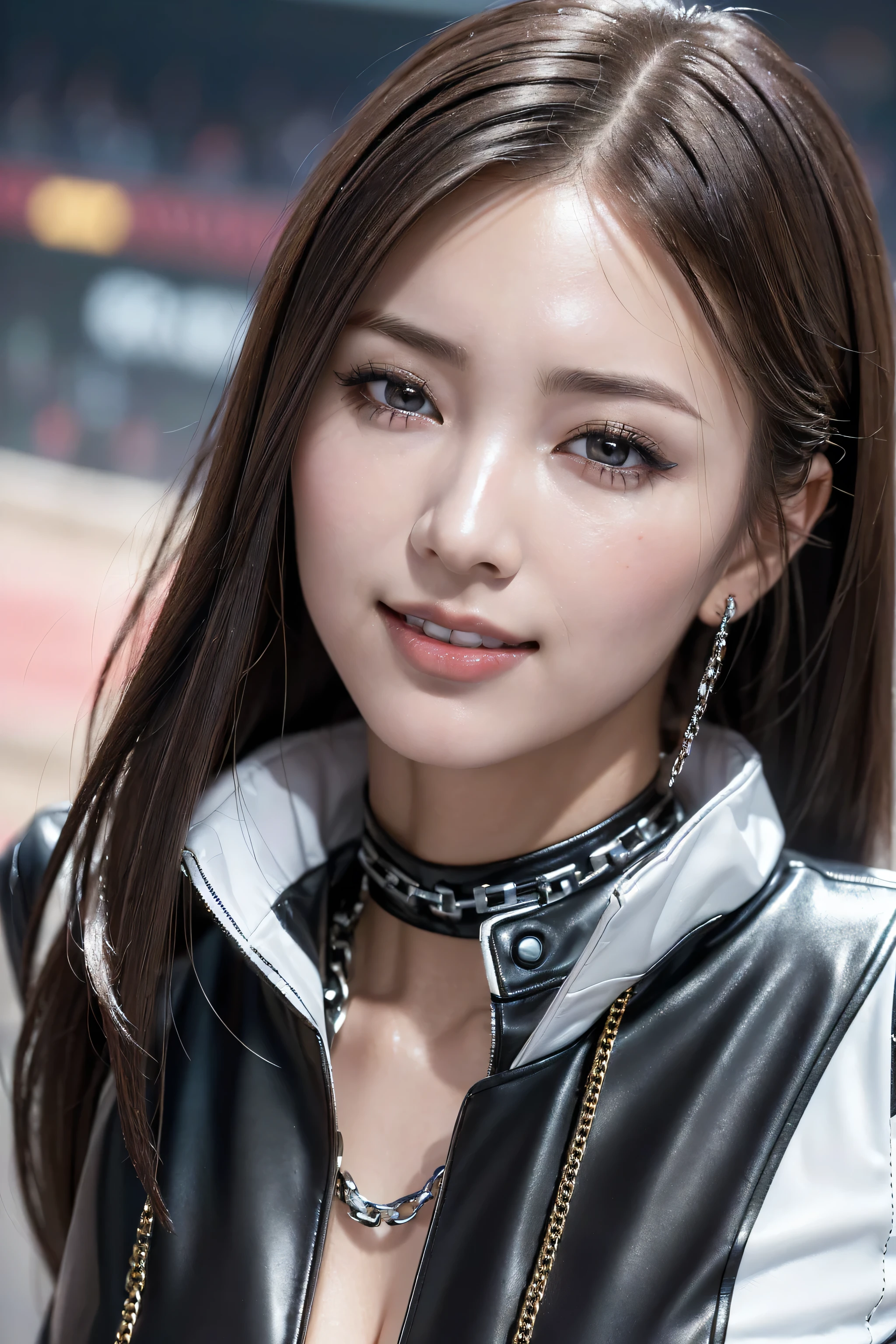 photorealistic Realism 16K Quality, (super quality details in realistic texture: skin, hair), ((Ultra high-res Realistic eyes, clear sharp, not blurry, absurd quality details:1.25)), (([eyes|eyeshadows]:[brown|pink])), ((portrait)), a cute 1model:1.4 24yo, (depth of field), ((anatomically correct)), ((perfect proportions)), dslr, best high quality soft lighting, sharp focus captured by Fujifilm XT3, f 5.6, in a dramatic lighting, ((perfect composition)), ((pale skin)), (dry skin), ((the entire outfit has a pattern, black and white checkerboard)), ((checkered pattern:1.3)), ((dressed in a slave's bra with chains, breasts covered by sexy [chainmai]l:1.25)), ((bondage made of chains: 1.32)), ((unbuttoned leather motorcycle open jacket:1.3)), intricate detailed:1.45), ((firm and full breasts)), beautiful cheekbones, Double eyelids, ((satisfaction smile, gorgeous appearance, electrifying appearance)), (((close up of her face:1.42))), (Dynamic pose), ((on the racetrack:1.3)), 