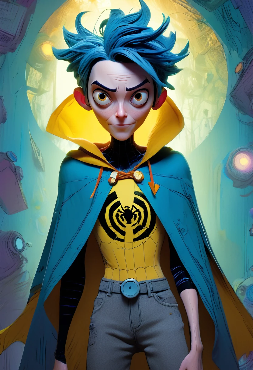 (Masterpiece artwork, 8K, uhd, high resolution: 1.4), dynamic portrait of Coraline in Spider-Verse style, (stylized and vibrant features: 1.3), (short blue hair and big expressive eyes: 1.2), (wearing an iconic yellow cape: 1.2), (adventurous and confident pose: 1.3), (comic animation elements, with hand-drawn textures and shadows: 1.2), (background with surreal and colorful scenes, like the portal and the alternative world: 1.1), (Magical and mysterious atmosphere: 1.3), Intricate, vibrant details, (fantasy and adventure elements: 1.2), (dynamic and captivating perspective: 1.3)