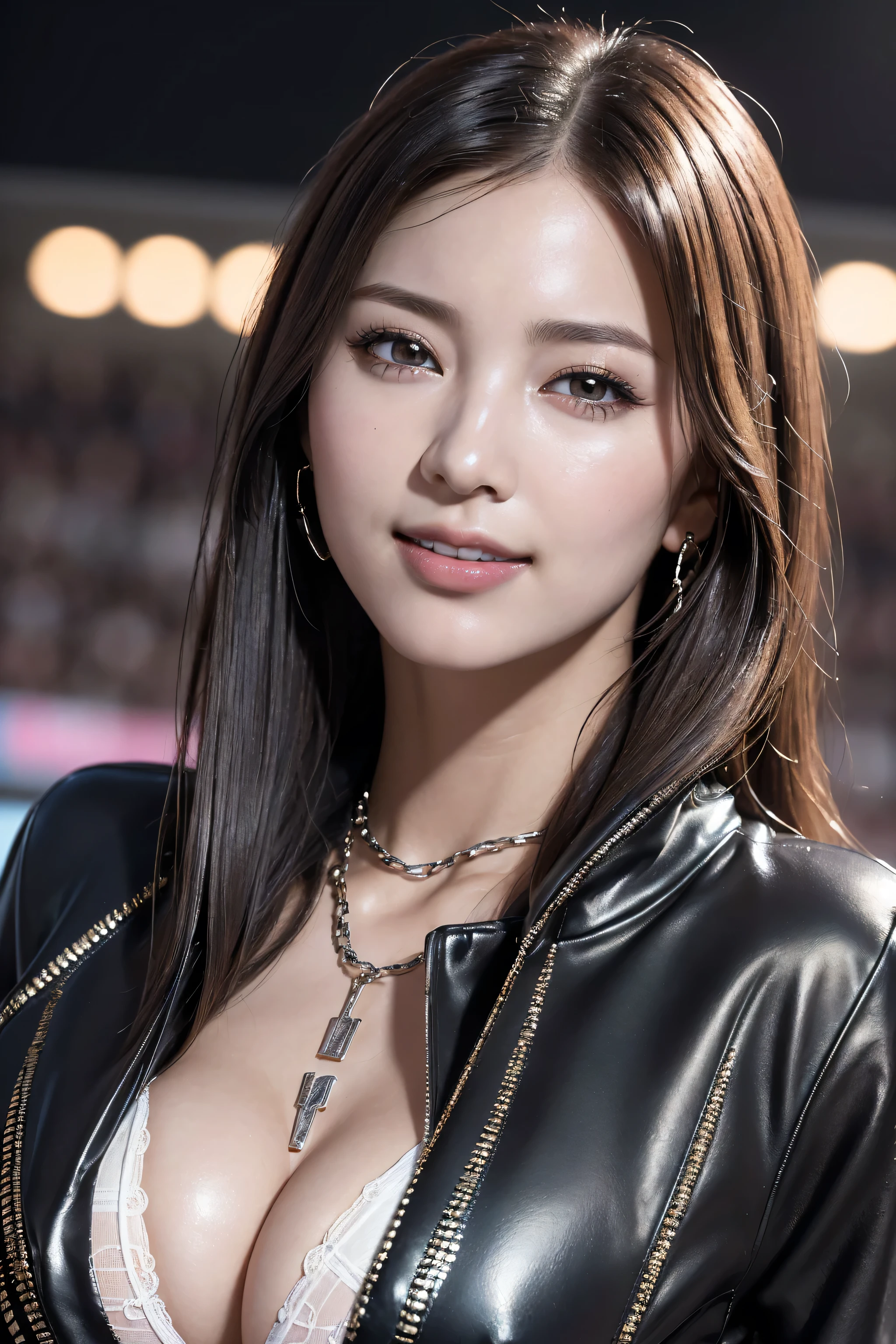 photorealistic Realism 16K Quality, (super quality details in realistic texture: skin, hair), ((Ultra high-res Realistic eyes, clear sharp, not blurry, absurd quality details:1.25)), (([eyes|eyeshadows]:[brown|pink])), ((portrait)), a cute 1model:1.4 24yo, (depth of field), ((anatomically correct)), ((perfect proportions)), dslr, best high quality soft lighting, sharp focus captured by Fujifilm XT3, f 5.6, in a dramatic lighting, ((perfect composition)), ((pale skin)), (dry skin), ((the entire outfit has a pattern, black and white checkerboard)), ((checkered pattern:1.3)), ((dressed in a slave's bra with chains, breasts covered by sexy [chainmai]l:1.25)), ((bondage made of chains: 1.32)), ((unbuttoned leather motorcycle open jacket:1.3)), intricate detailed:1.45), ((firm and full breasts)), beautiful cheekbones, Double eyelids, ((satisfaction smile, gorgeous appearance, electrifying appearance)), (((close up of her face:1.42))), (Dynamic pose), ((on the racetrack:1.3)), 