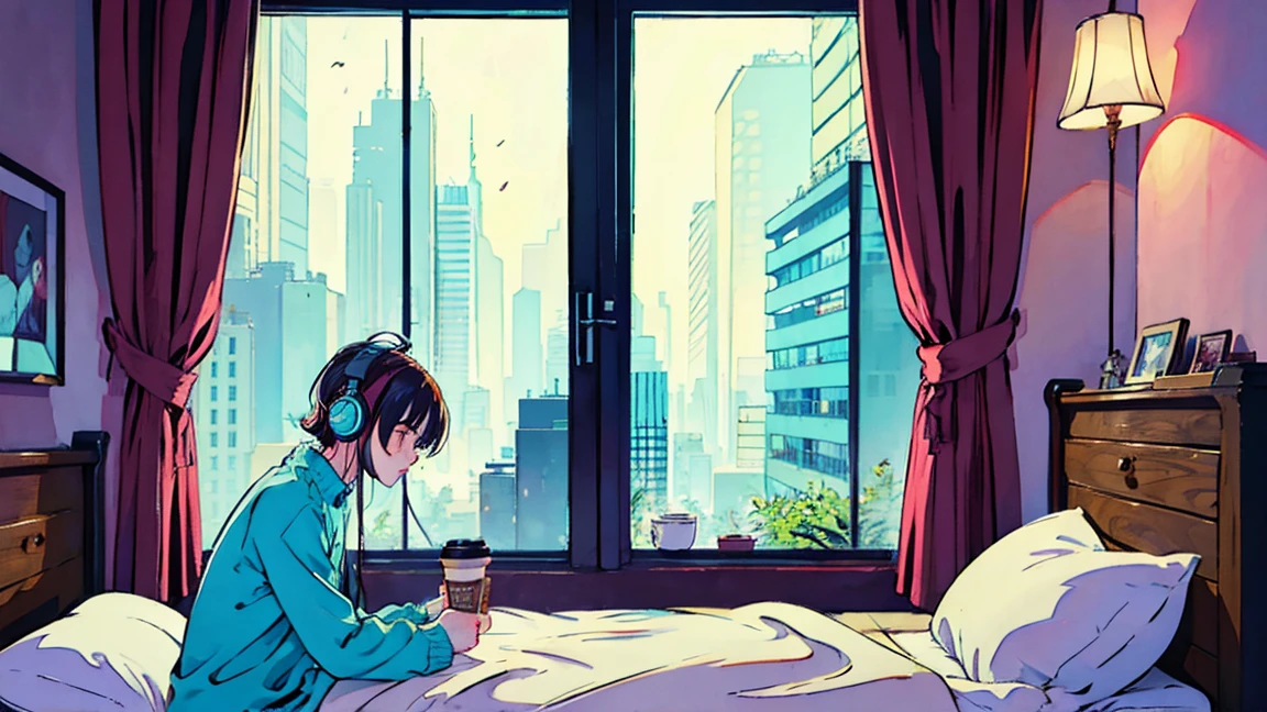 Lofi Song, Sitting on the bed. Looking out the window, Drink coffee. Listening to music through headphones, Looking out the window and seeing the rain falling