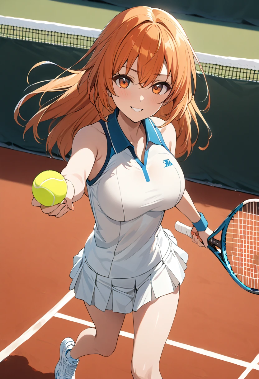 1 girl, (solo:1.2), tall girl, long orange hair, straight hair ,orange eyes, (high school student), (************), (Full Breasts), High Height,masterpiece, high resolution, shiny, full body, beautiful,A cute smile that makes the viewer happy, highly detailed beautiful face and eyes, (tennis player), (tennis uniform:1.2), (in the tenniscort, hard tenniscort:1.2), (zettai ryouiki), (Forehand Stroke, hitting tennisball:1.2), one tennisball, (racket, tennis racket, masterpiece),