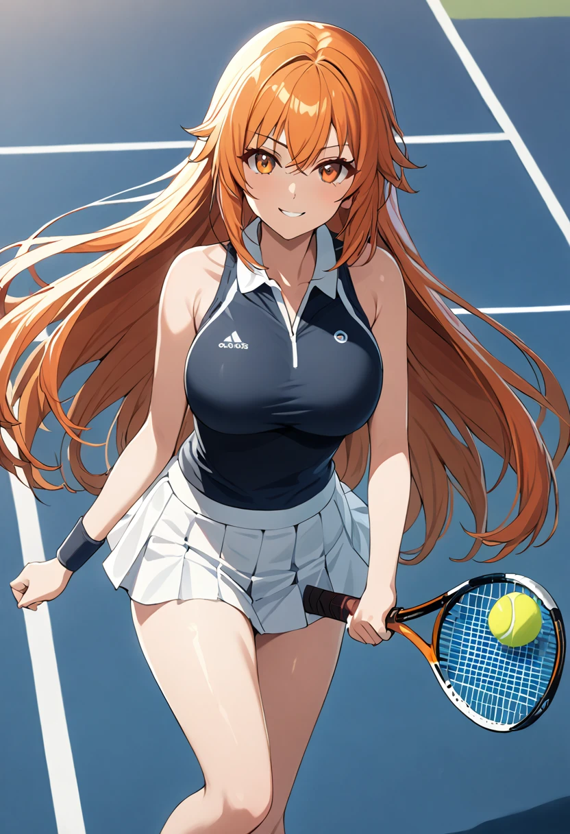 1 girl, (solo:1.2), tall girl, long orange hair, straight hair ,orange eyes, (high school ), (17 yearl Breasts), High Height,masterpiece, high resolution, shiny, full body, beautiful,A cute smile that makes the viewer happy, highly detailed beautiful face and eyes, (tennis player), (tennis uniform:1.2), (in the tenniscort, hard tenniscort:1.2), (zettai ryouiki), (Forehand Stroke, hitting tennisball:1.2), one tennisball, (racket, tennis racket, masterpiece),