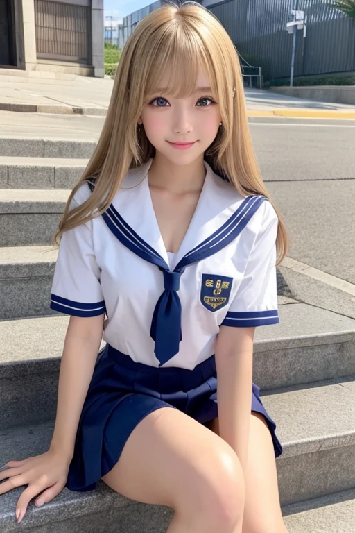 Her windblown blonde hair obscures her pretty face..、Bangs that flow between the eyes、Sexy big 、16 year old cute little smile、Shiny, bright, straight, super long blonde hair、Cute and beautiful long, smooth bangs covering the area between the eyes、Long, straight, silky hair、sexy and cute beautiful young girl、clear, white and Shiny skin、Shiny skin、Beautiful Face、Beautiful brown eyes that shine so brightly、Very big eyes、Small Face Beauty、Perfect beauty、(Full body 2:1)、(high school girl)、Sitting on the school steps、Shot from below、uniform、Sailor suit、Navy blue short skirt、Her white pants are slightly visible、Sexy pose、gravure、 information