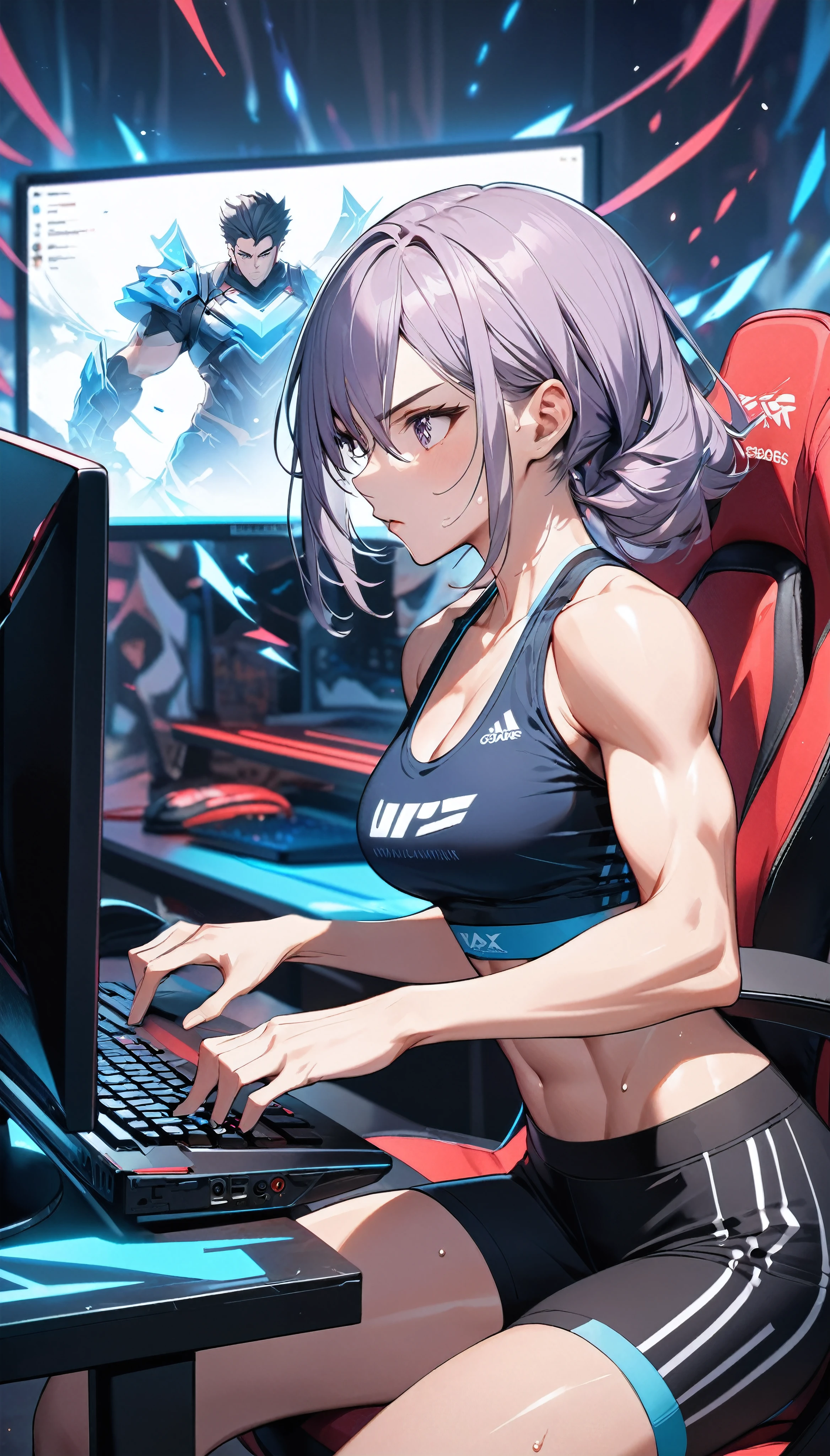 Athletes playing eSports games on PC, BREAK Athlete with perfect athletic physique, Tank top, Short leggings, (Tight fit, Accentuates body lines), Top sports brands, BREAK Playing e-sports while watching a PC screen, Transcendent typing skills, Expressing quick finger movements with motion blur, Aesthetic Sweat, A concentrated and serious look, Anatomically correct, BREAK Intense gameplay, Aesthetic typing experience, 