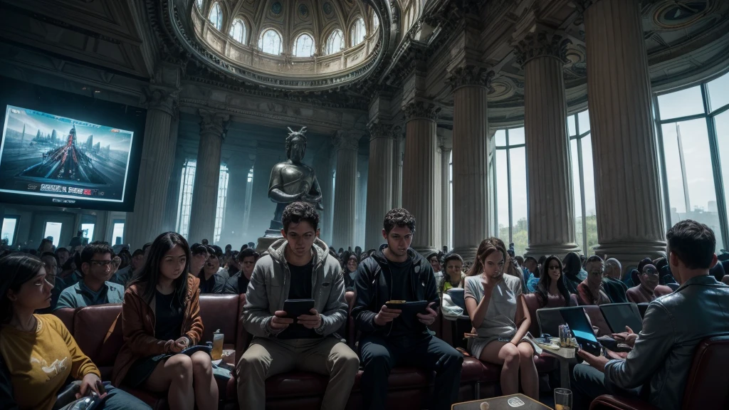 Epic image of a highly accelerated technological world with people addicted to social media and cell phone use with the presence of a stoic statue watching everything closely.